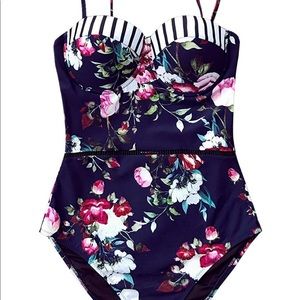 Vivid floral and stripe one-piece swimsuit